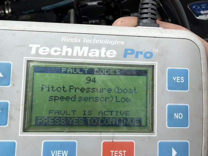 Marine diagnostics scanner showing a fault code